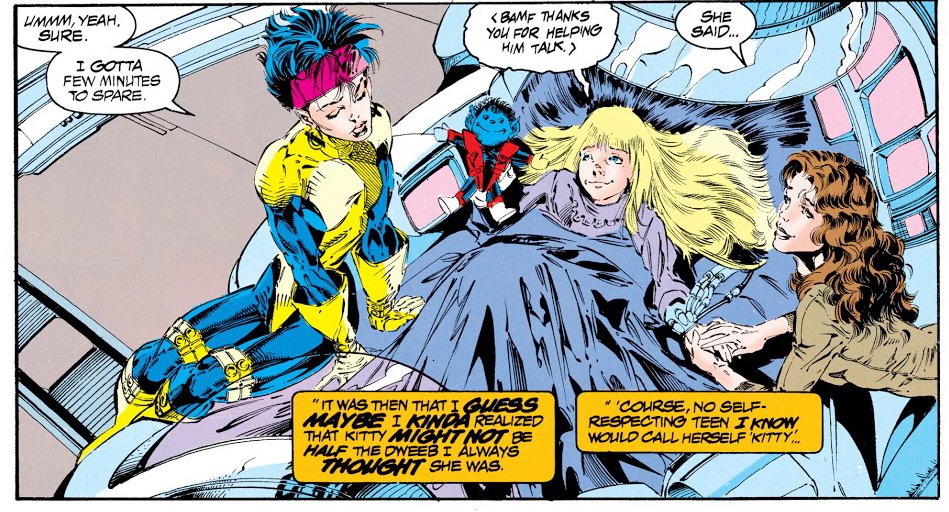 Alternatively, the Bamf doll is a safe object facilitating more diffuse connections. It often symbolizes bonds between female characters that many fans read as queer. The doll passes between Kitty, Illyana, and Jubilee as a memento of each other to hug through lonely nights. 6/10