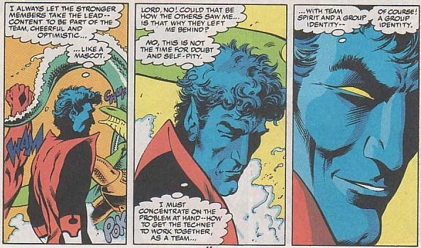 Some potential meanings of the Bamf doll are less positive. Nightcrawler is symbolically racialized, and in Excalibur #45 by Alan Davis, he fears being the X-Men’s “mascot”—of having his subjectivity reduced to a cute, salable image, much how actual racist mascots operate. 8/10