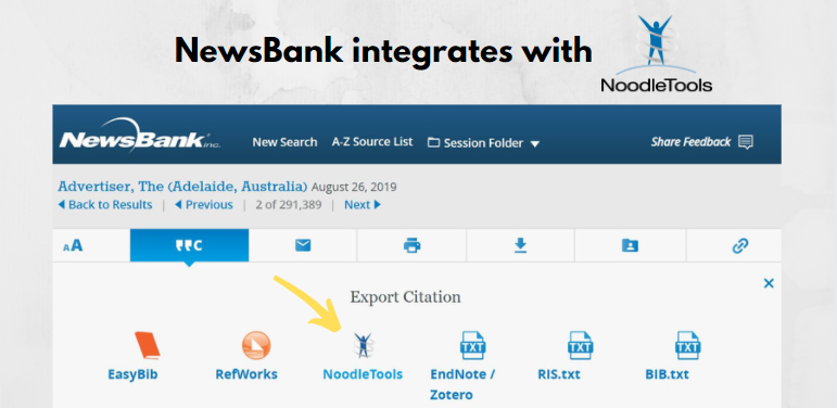 NewsBank's tweet photo. Did you know? We have partnered with #NoodleTools to create a seamless integration in our products! Students can now use their NoodleTools account to create and store citations with just one click. #NewsBank https://t.co/oWfJbIDhnn