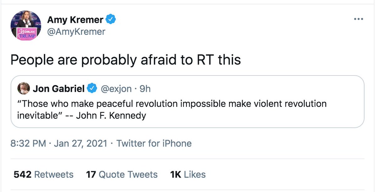  @AmyKremer tweeted yesterday, twisting a quote from JFK into justification for "violent revolution." Amy Kremer is chair of Women for America First, whose D.C. rally led to the deadly assault on the Capitol.She is still calling for violence.CC:  @TwitterSafety  @delbius  @jack