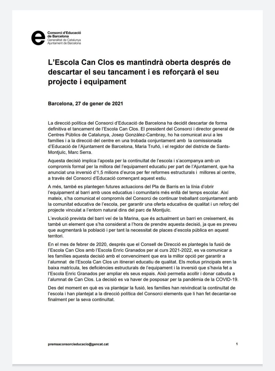 La Marina Viva (@lamarinaviva) on Twitter photo L'escola Can Clos es queda al barri! Felicitats a la lluita de l'AMPA de l'escola. El Consorci d'Educació de Barcelona ha decidit finalment descartar descartar de forma definitiva. <a href="/Ampacanclos/">AMPA escola Can Clos</a> L'escola Can Clos es queda al barri! Felicitats a la lluita de l'AMPA de l'escola. El Consorci d'Educació de Barcelona ha decidit finalment descartar descartar de forma definitiva. <a href="/Ampacanclos/">AMPA escola Can Clos</a>