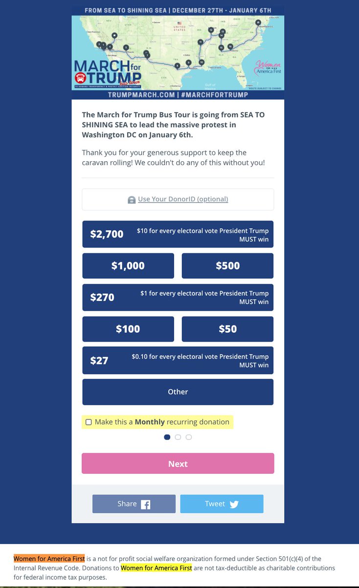 Women for America First is still actively soliciting donations for its incitement rally. Online promotion calls for for "massive protest in Washington DC on January 6th" and "keep the caravan rolling." CC:  @MarkHerringVA