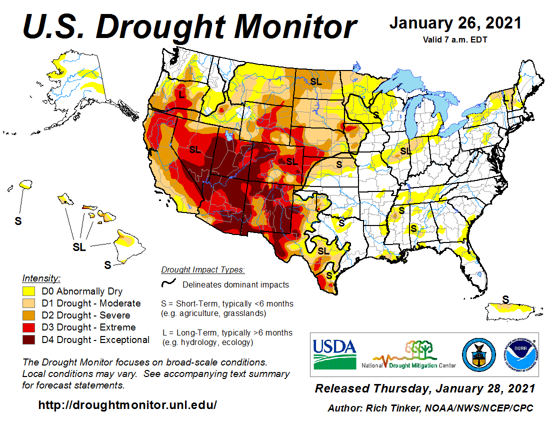 #DroughtMonitor 1/26: Nice change of pace with feet(!) of snow in not only parts of CA/NV, but in AZ(!). Really, snow fell in many areas.

Now for the caveat. Looking at the map, much more is needed.

#Drought2021’s Footprint: 38.5% of the USA.

See drought.gov <a href="/NOAA/">NOAA</a>