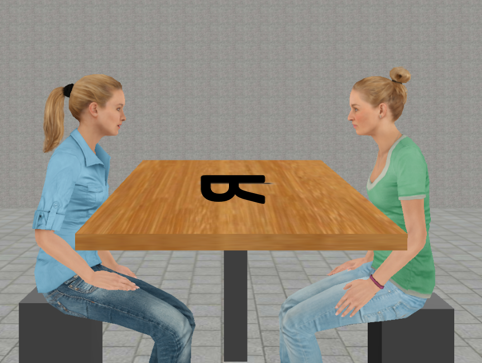 In VR, participants saw two people with different perspectives and have to judge if the letter R is normal or mirrored. They are faster if the letter is oriented towards someone who moves like a human or is an ingroup member.