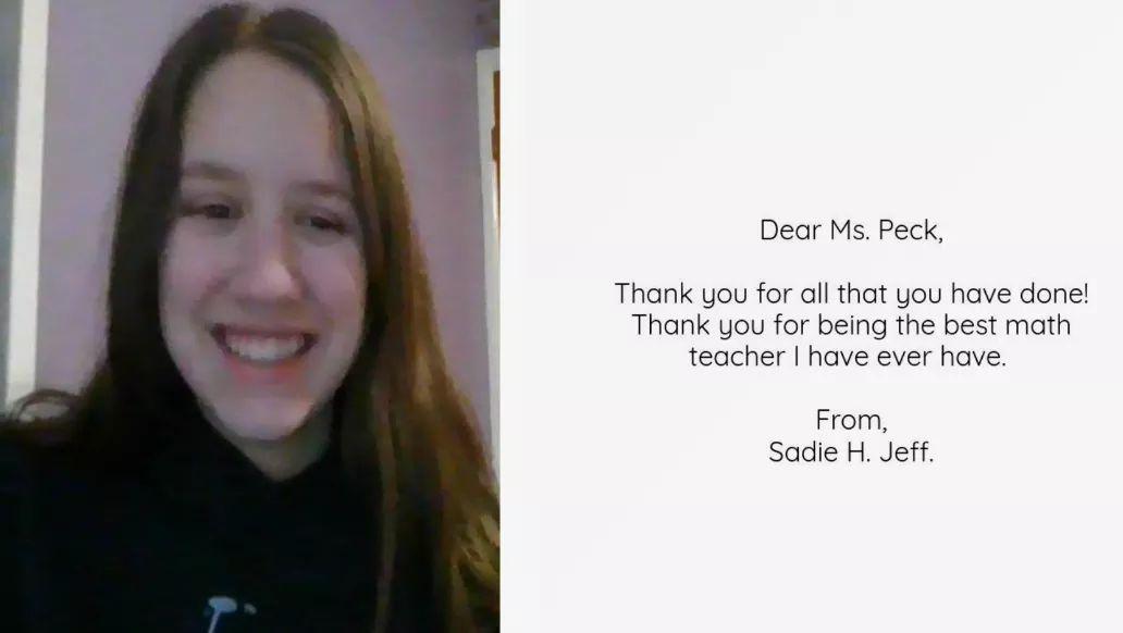 Ramsey 7th grade students are really stepping up to The Great Kindness Challenge by writing their teachers thank you notes!  Here is another thank you note written by Sadie J. to Ms. Peck.  Way to be Kind! #KindnessMatter #thegreatkindnesschallenge #PracticeKindness