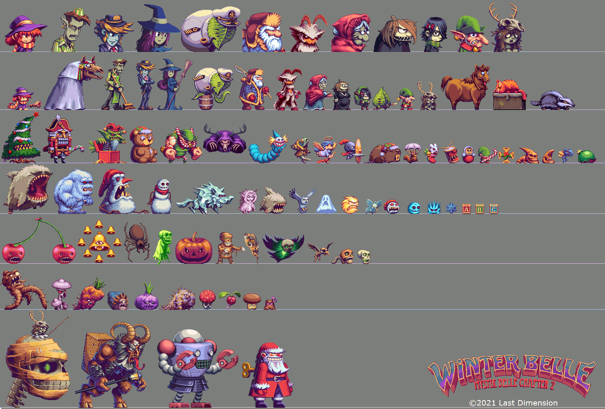 DarkFalzXL's tweet photo. Remember how #MystikBelle had a metric butt-ton of enemy designs? Well, #WinterBelle is shaping up to have just as many, if not more. All that with much better animation and patterns, with fewer "medusa head" clones.
#pixelart #gamedev #IndieGameDev #pixel #indiegame https://t.co/scVb7AyzcU