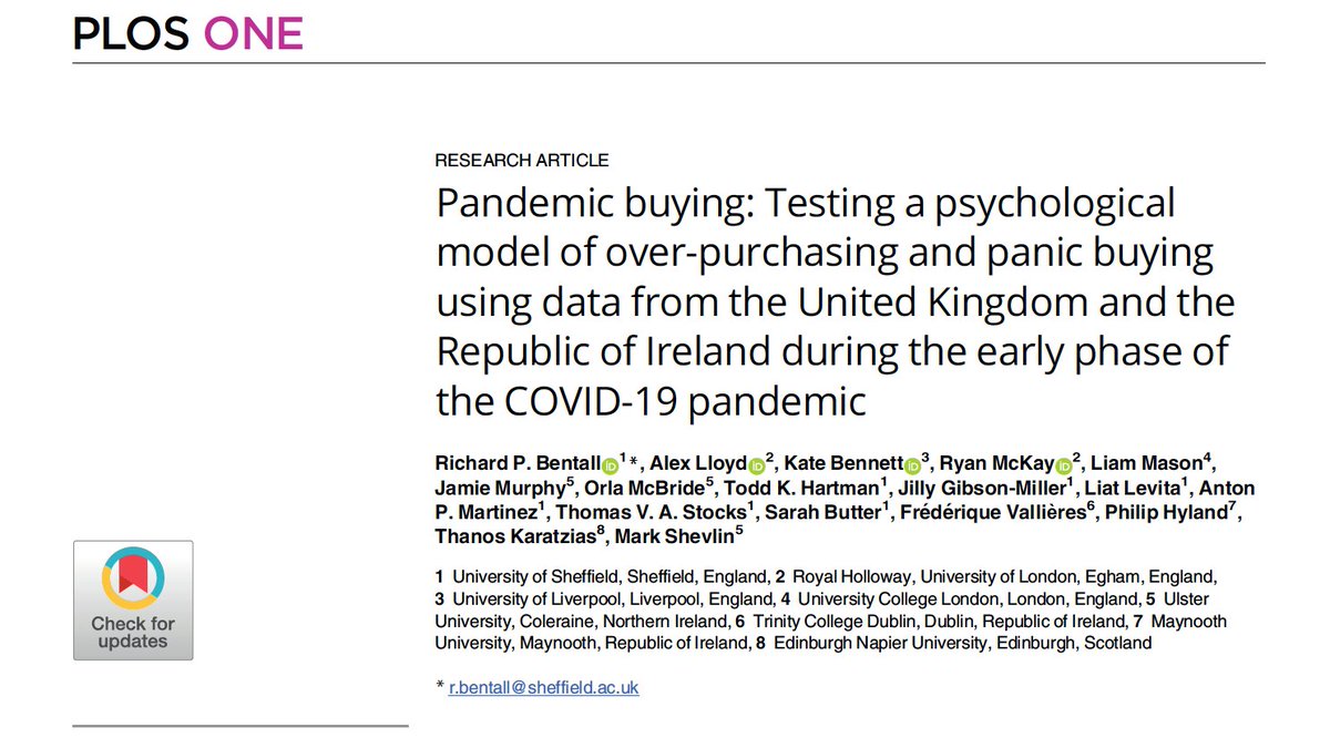 DrAlexLloyd's tweet image. New paper on panic buying during #COVID19 from the @C19PRCStudy. Led by @BentallProf and Mark Shevlin, we tested a model of panic buying informed by foraging theory... via @PLOSONE journals.plos.org/plosone/articl…