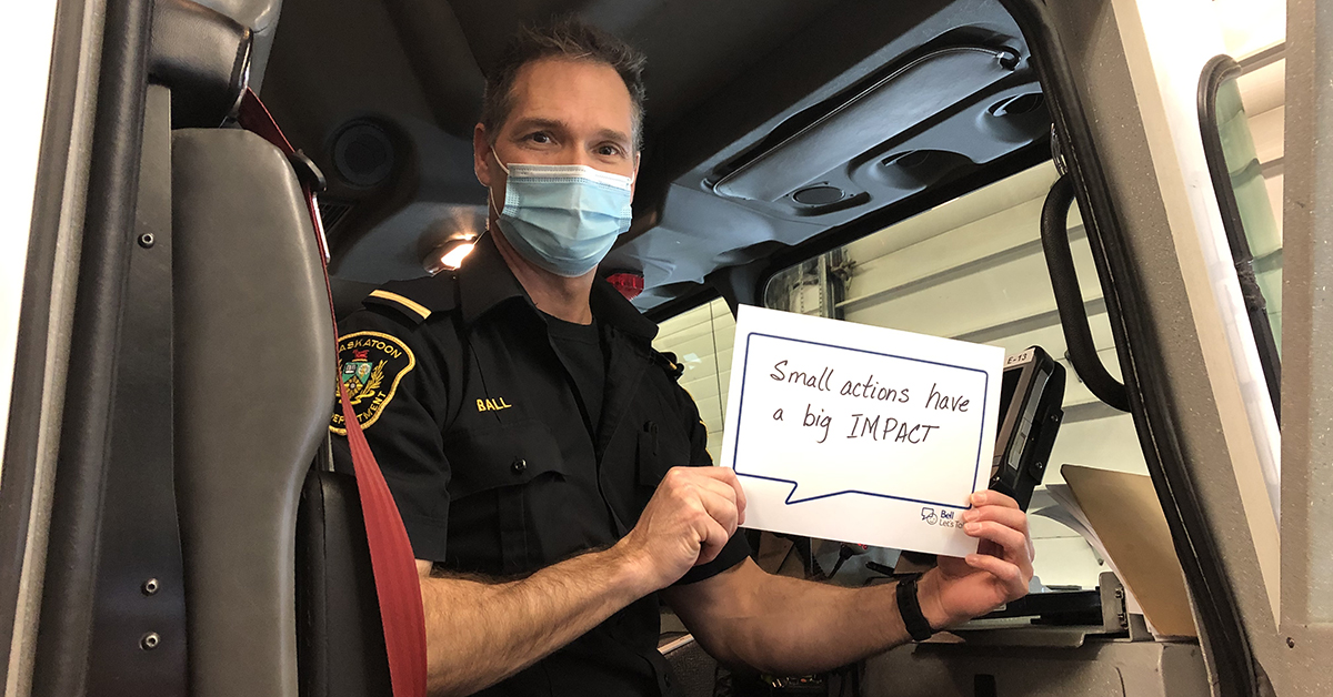 SaskatoonFire's tweet photo. When it comes to mental health, now more than ever, every action counts. Whether big or small, our actions can make a big difference in moving Canada’s mental health forward. Join the conversation 🗨️ on #BellLetsTalkDay to help create positive change. #yxefire https://t.co/1q5nnkSQKZ