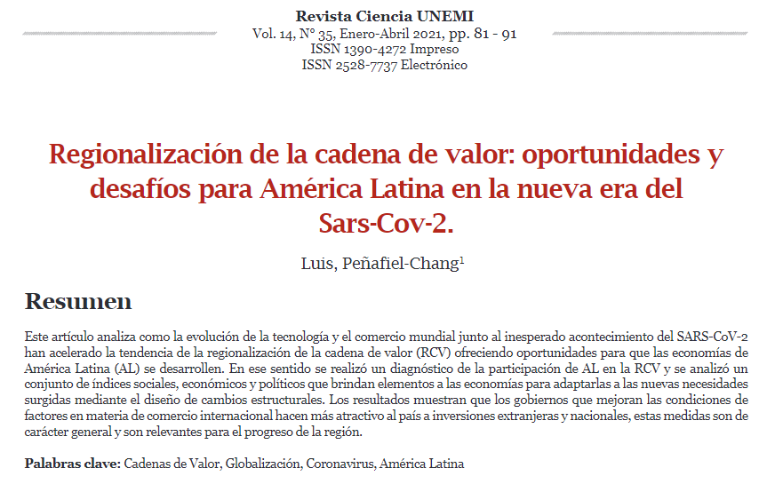 CienciaUNEMI1's tweet photo. Te invitamos a leer el artículo "Regionalización de la cadena de valor: oportunidades y desafíos para América Latina en la nueva era del Sars-Cov-2" tomado de Revista Ciencia UNEMI Vol. 14, Núm.35 https://t.co/PyUqp8O0RY
@FabGuevara @patricioyjelena @Carmenshd @UNEMI_ec https://t.co/jGimIr7slU