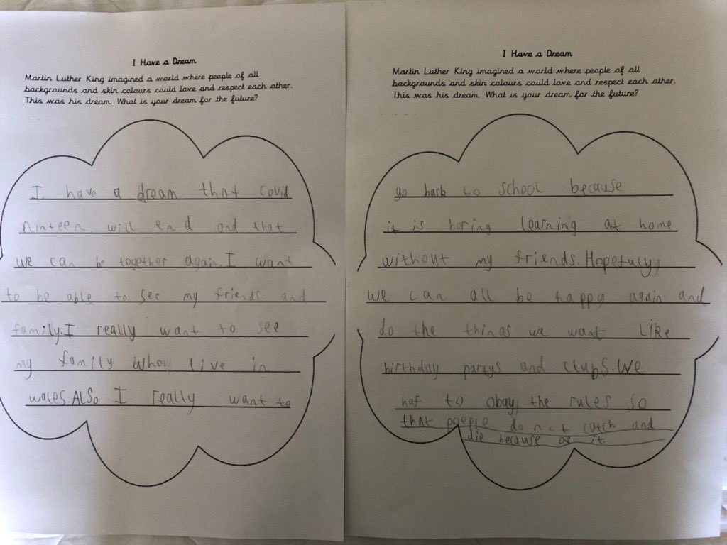 I have a dream...through the eyes of a 6 year old #covid #ks1 #independent writing #outofthemouthofbabes #childsvoice #homelearning #remotelearning

@piersmorgan @GMB @BorisJohnson @educationgovuk @10DowningStreet @ICT_MrP @ABCDoes @KensingtonRoyal