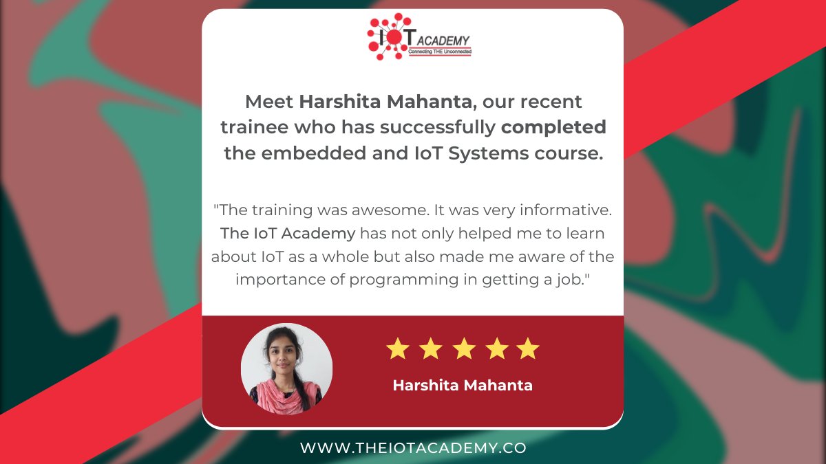 academyforiot's tweet photo. Meet Harshita Mahanta, our recent trainee who has successfully completed the embedded and IoT Systems course.
#TheIoTAcademyTestimonial #TheIotAcademySuccess #EmbeddedSystemCourses #IoTCourses #TraineeSuccess https://t.co/mNaHMxRywA