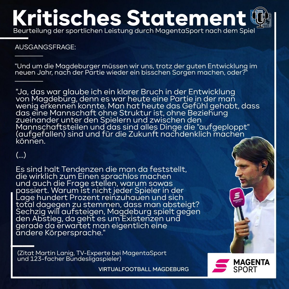 vf_magdeburg's tweet photo. 🎙️ Nach dem gestrigen 0:3-Debakel gab der MagentaSport-TV-Experte Martin #Lanig im Interview nach dem Spiel ein sehr deutliches Statement ab.
💬 Stimmt ihr dem ehemaligen Bundesligaspieler zu?
______
#magentasport #fcmm60 #EINMALIMMER #3liga #zeigtsuns https://t.co/rH4kZX5btg