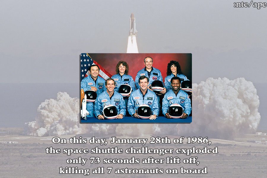 IntelApe's tweet photo. On this day in 1986, the space shuttle challenger killed all 7 astronauts on board after exploding only 73 seconds after lift off. 

#throwbackthursday #space #techhistory #tbt https://t.co/iTp5zDoST2
