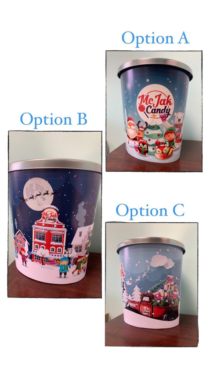 mcjakcandy's tweet photo. Hi Everyone! WE NEED YOUR HELP, we would love to have your opinion on these 3 options for popcorn tins 🍿. We will be posting a poll right after this post if you would vote you would be doing us a huge favor!😁 https://t.co/GDbqFlYwQJ
