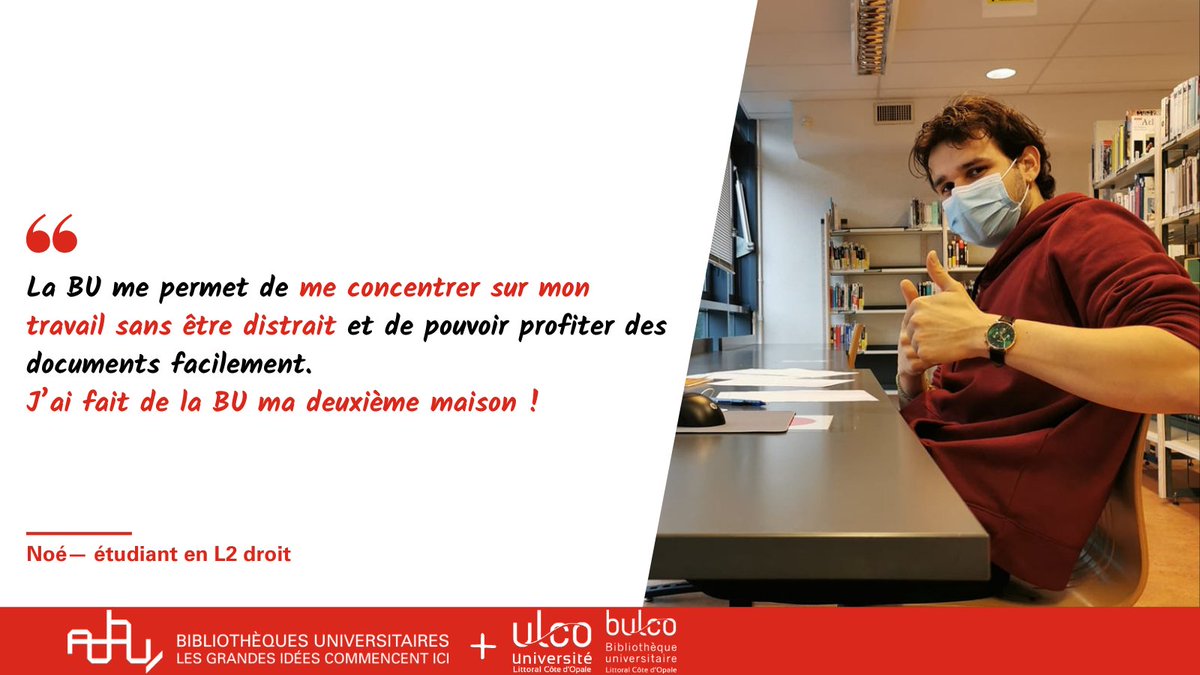 Noé, étudiant à l'<a href="/ulco_univ/">ULCO (officiel)</a> a lui aussi fait de la #BU une deuxième maison. Pour lui, la BULCO est le meilleur endroit pour réviser !
#LesBUsontouvertes ❗