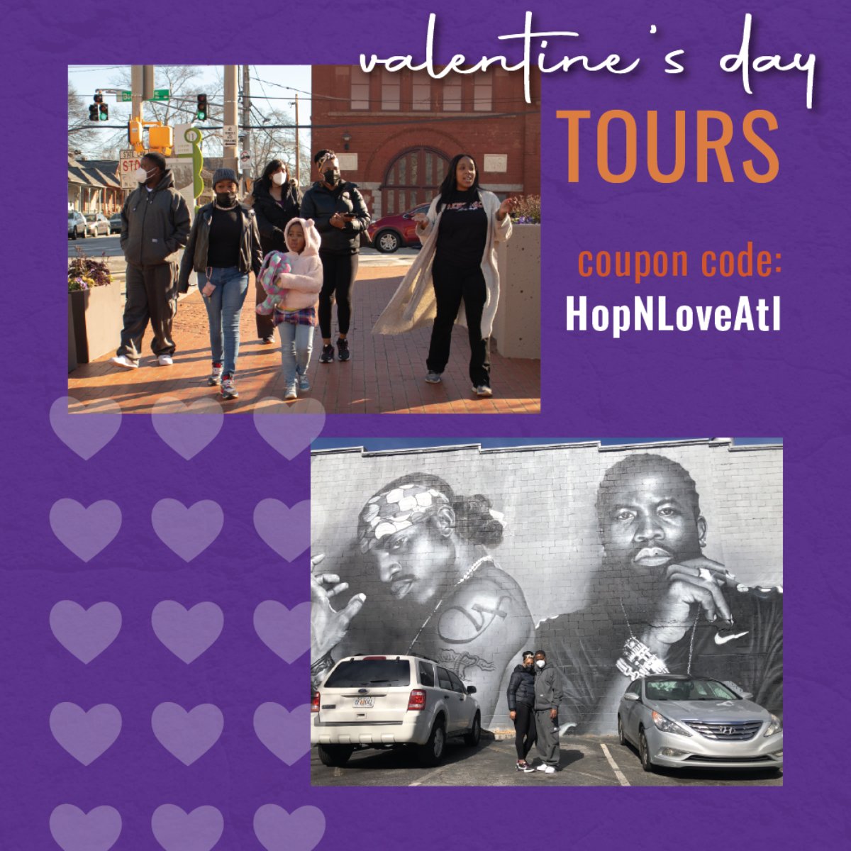 Valentine’s Day is quickly approaching. Reserve your seats now! Our tours are perfect for families and couples. Use coupon code: HopNLoveAtl.  Visit hopngotours.com to book yours today.