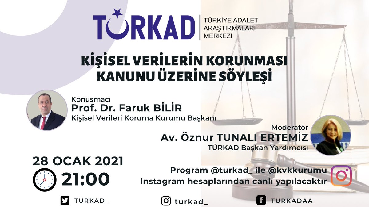 Kişisel Verilerin Korunması Kanunu Üzerine Söyleşi
🗓 28 Ocak Perşembe
⏱ 21:00
📱 Instagram Canlı Yayını - @turkad_
🗣 Prof Dr. Faruk BİLİR - <a href="/KVKKurumu/">KVKK</a> 
#KVKK