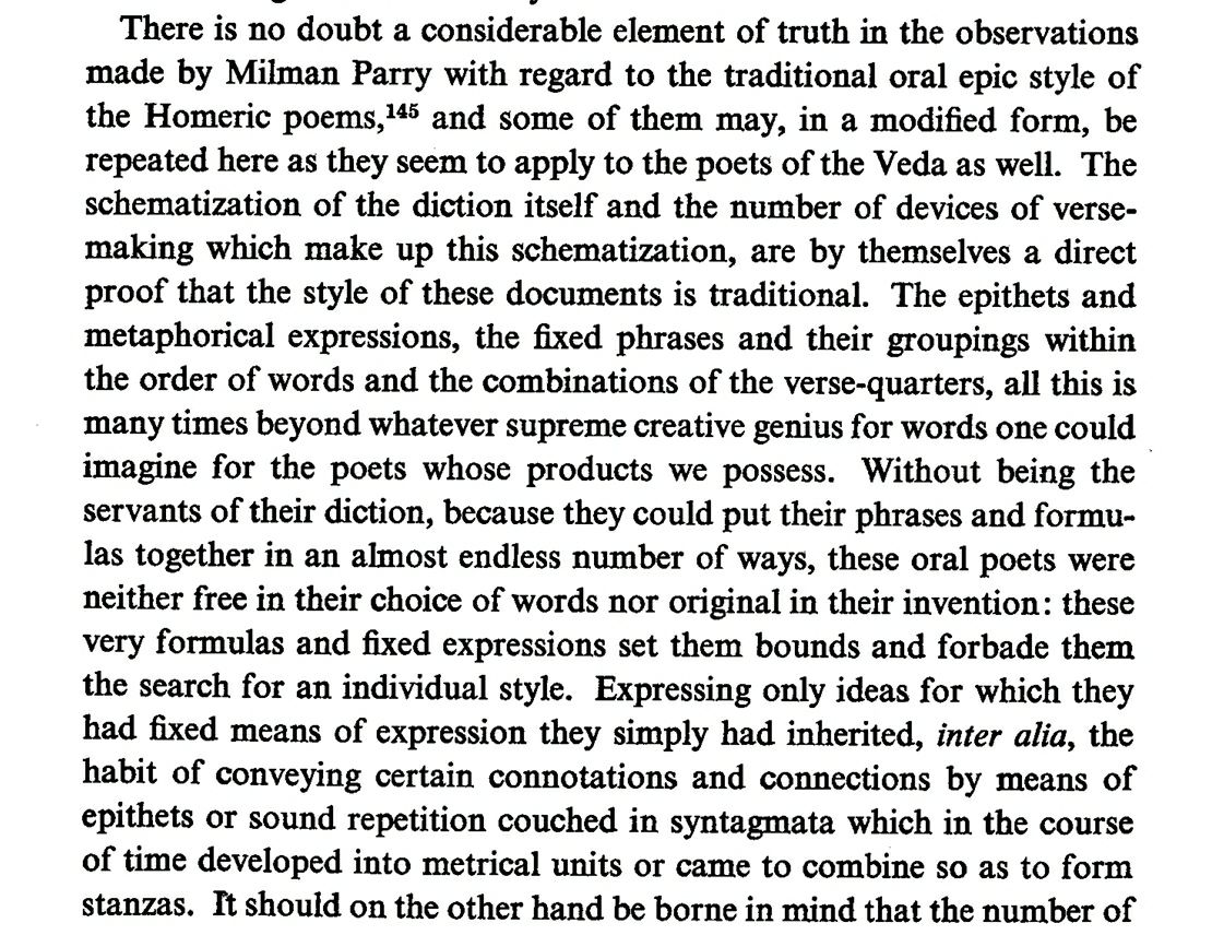 A survey on the style on traditional oral epic Homeric & Ṛgvedic poetry: schematization of diction, combinatorial metaphorical expressions, syntagmata development into metrical units, repetition of ideological attitudes. Occurrence of epithets was dependent on metrical choice