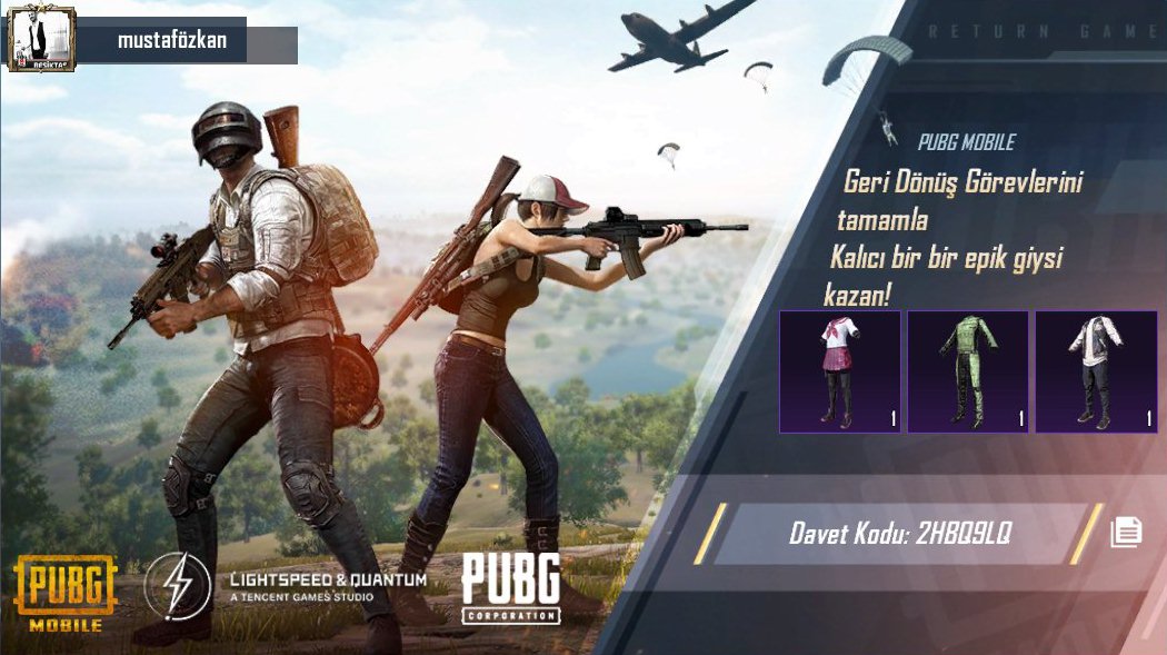 wareevineamede's tweet image. PUBG MOBILE Geri Dönüş Görevlerini tamamla! Kalıcı bir epik giysiyi ücretsiz olarak kazan! Davet kodum: 2HBQ9LQ share.pbgcj.com/recallfriend.p…