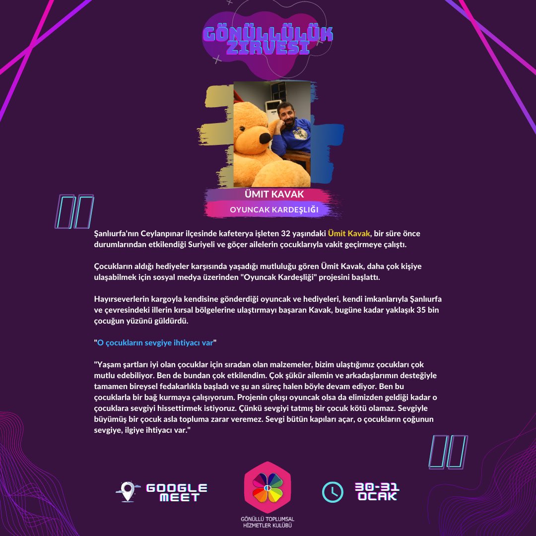 30 Ocak Cumartesi günü Gönüllülük Zirvemizde Oyuncak Kardeşliği projesi ile Ümit Kavak bizlerle olacak 💜🧸🍀 <a href="/fetteho/">Ümit Kavak</a> <a href="/OyuncakKardesi/">Oyuncak Kardeşliği</a> #anadoluüniversitesi