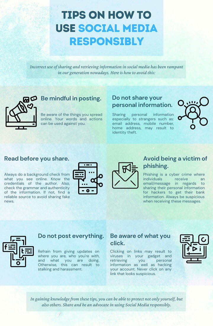 FrAlenio's tweet photo. Tips in being a Responsible User of Social Media. Made for you by group 2. #MILNetiquette #12AlenioA #XUMIL https://t.co/hoAzYGEcUG