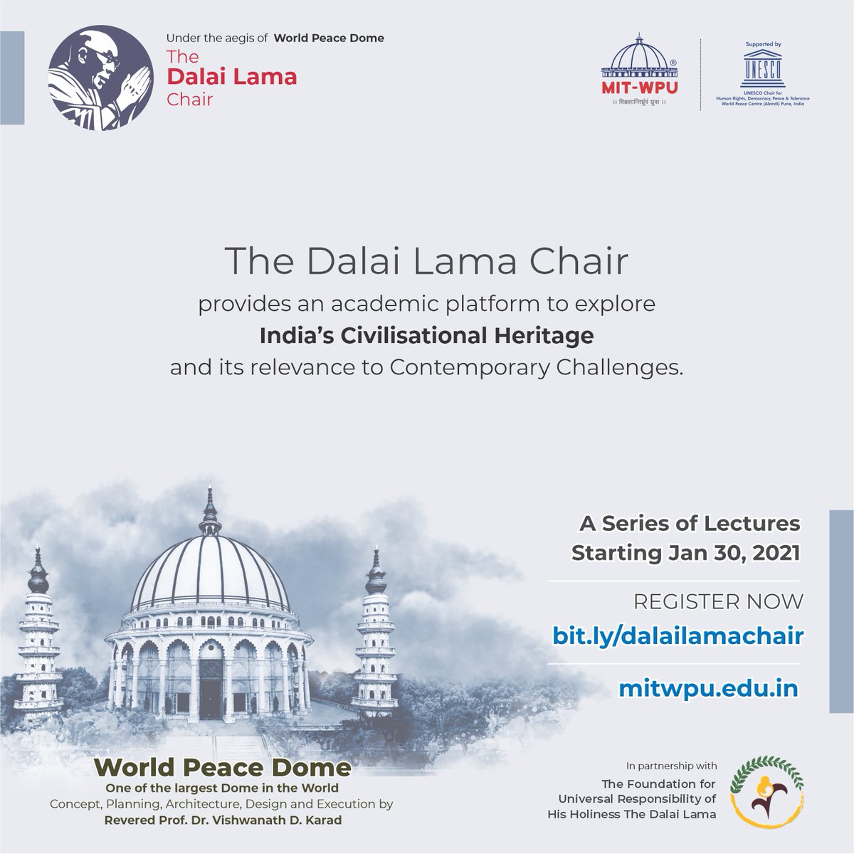 IR_MITWPU's tweet photo. MITWPU in partnership with the Foundation for Universal Responsibility of HH the Dalai Lama (estd. with Nobel Peace Prize) has launched a visiting Dalai Lama Chair as a multi-disciplinary centre for Indic Studies. Attend #lectureserie Register  https://t.co/MaYOvRW2EG. https://t.co/d7TLkaoaak