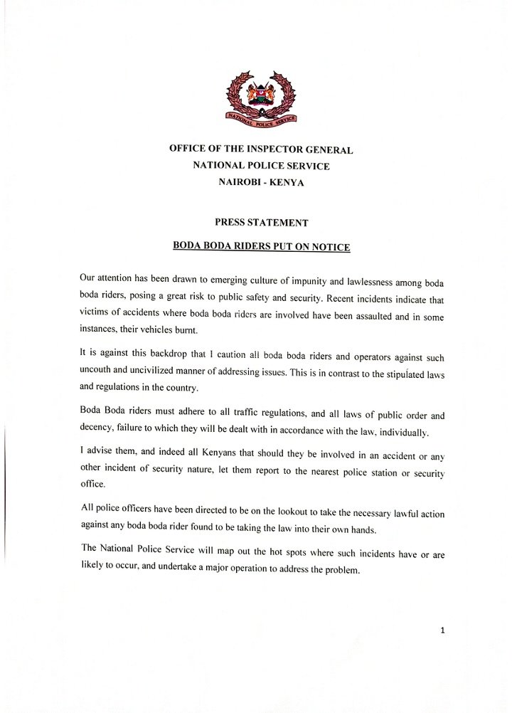 NPSOfficial_KE's tweet image. PRESS STATEMENT

BODA BODA RIDERS PUT ON NOTICE