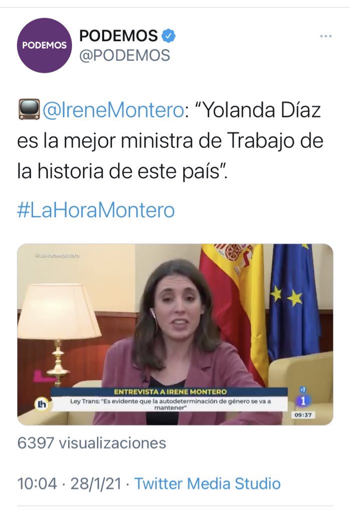 Tonicanto1's tweet photo. Irene Montero se ha venido arriba:

“Yolanda Díaz es la mejor ministra de Trabajo de la historia de este país”.

#paro 🤦‍♂️ https://t.co/w53hUIMNn0