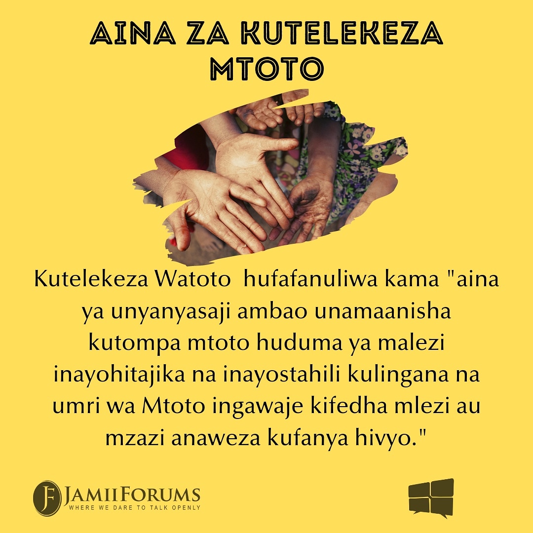 JamiiForums's tweet image. JE, UNAZITAMBUA AINA ZA KUTELEKEZA MTOTO/WATOTO?

- Kutelekeza kimwili: Mzazi/Mlezi hampatii Mtoto mahitaji ya msingi

- Kutelekeza kwenye #Elimu: Mzazi/Mlezi hatimizi mahitaji ya #Mtoto ya shule

Soma &amp;gt; jamii.app/KutekelezaWato…

#Malezi #JamiiForums #CDFTz #JamiiTalks