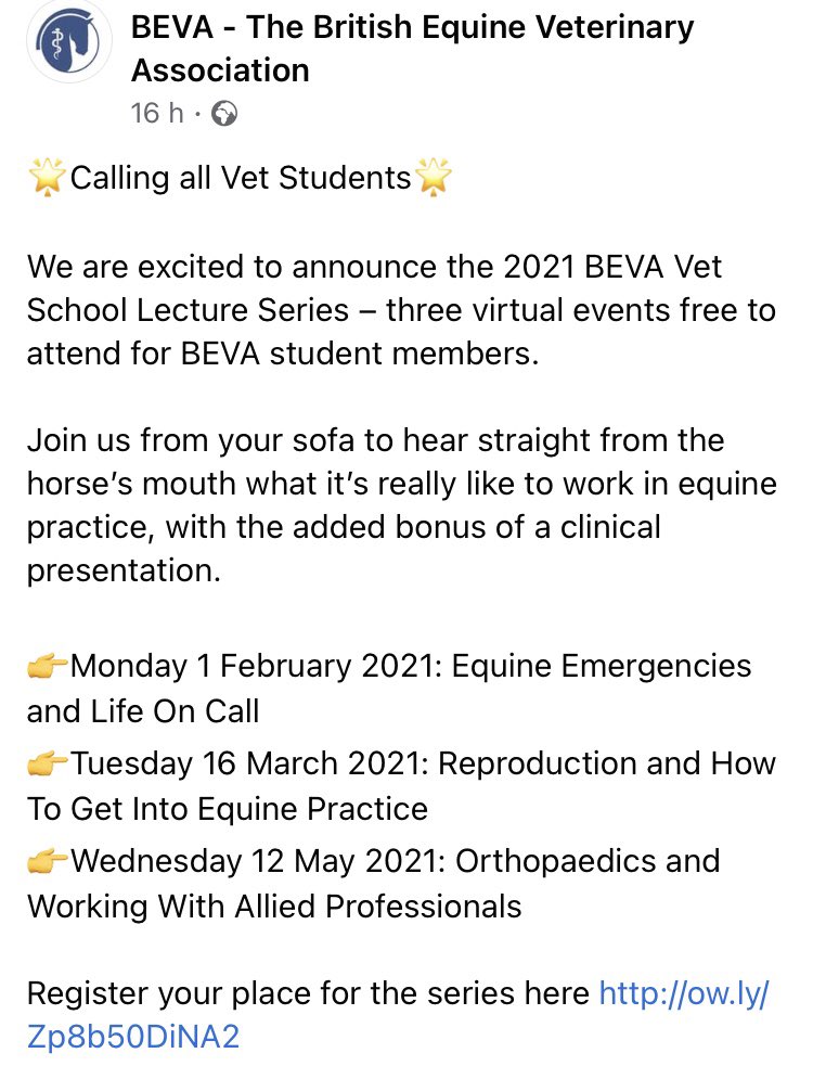 BSEVA5's tweet photo. @BEVA_news have put together a brilliant series of talks for this year’s Vet School Tours. Free for all Vet Students. You need to be a BEVA student member, but don’t worry, that’s free too, just head to their website to join! Use this link to sign up https://t.co/PropzhitpL https://t.co/ZL0Iry88i2