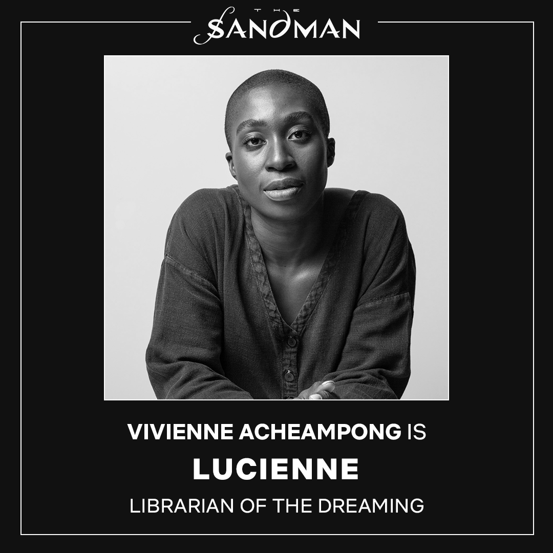 neilhimself's tweet photo. One of my favourite changes from the Sandman comic. Our Lucien has become a Lucienne, and @vivacheampong brings the wise librarian of dreams to pointy-eared life. https://t.co/2eLyBM14GC