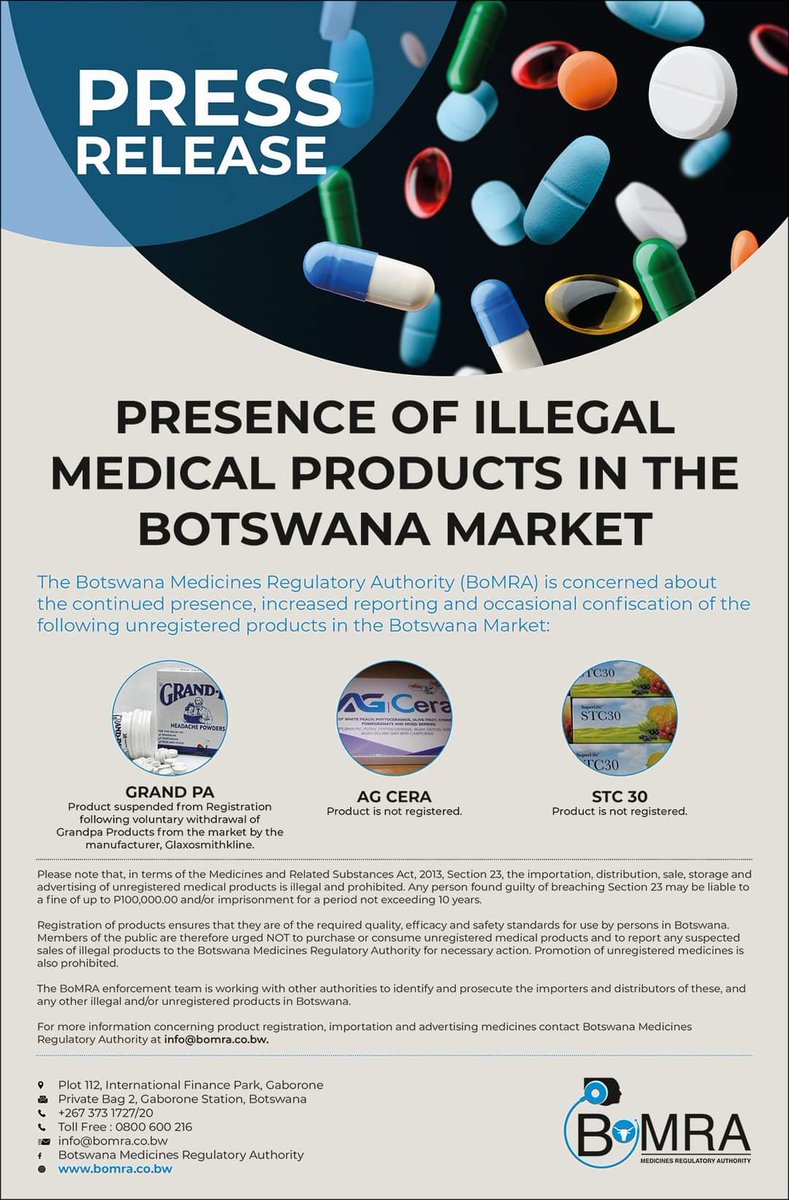 PRESS RELEASE - PRESENCE OF ILLEGAL MEDICAL PRODUCTS IN THE BOTSWANA MARKET  @BotswanaMRA, image size:789x1200
