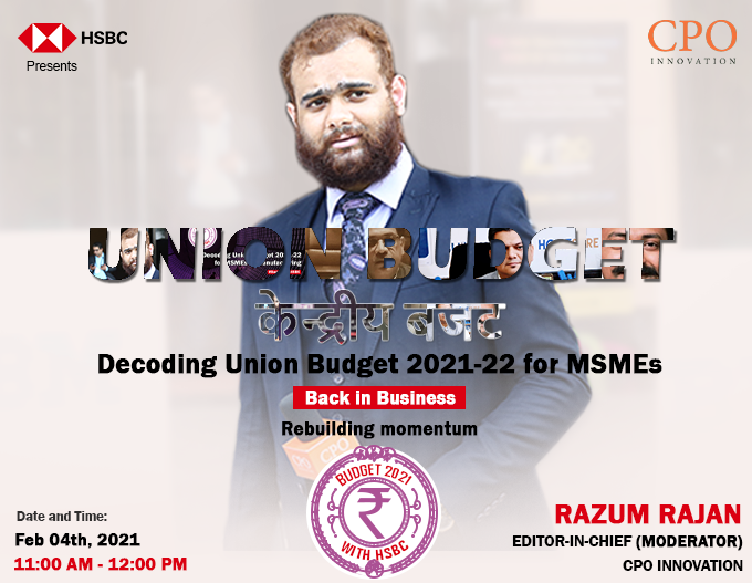 talks10live's tweet photo. #BudgetwithHSBC Catch @Razum_Rajan, Editor-in-Chief, @CPOInnovation #Live on Feb 4, 2021, 11 AM onwards for a talk show where he will discuss and decode #budget2021 for MSMEs in the manufacturing sector.
Register here: https://t.co/DXNaTFjnsS #cpolive #msme #manufacturing https://t.co/q82Za6vfZw