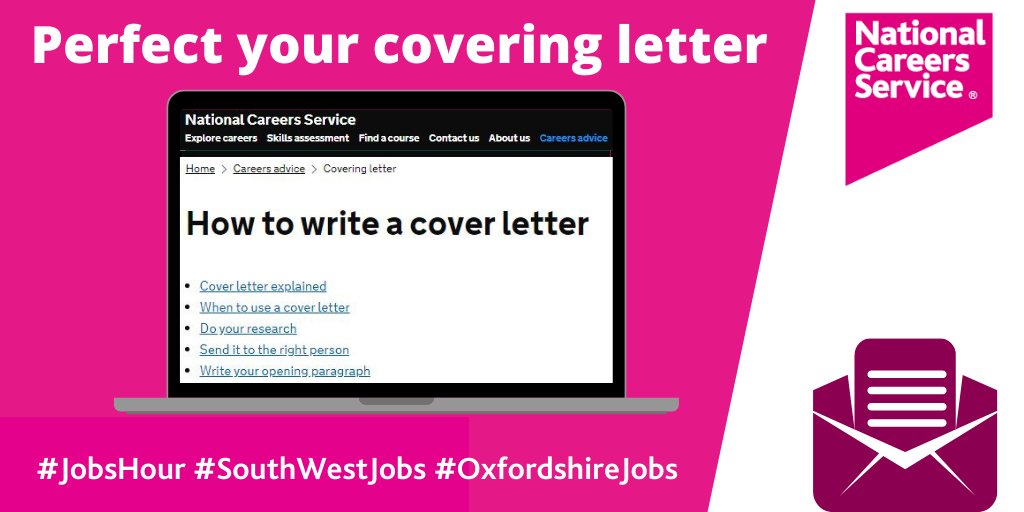 Careers_SWest's tweet photo. If you've found a job to apply for in our #VirtualJobsFair and want some help writing a #CoveringLetter check out these top tips from @NationalCareers: https://t.co/nACpKRzMV9 or call 0800 100 900 to speak to an adviser. #JobsHour #SouthWestJobs #OxfordshireJobs https://t.co/i6GGJ3D8OH