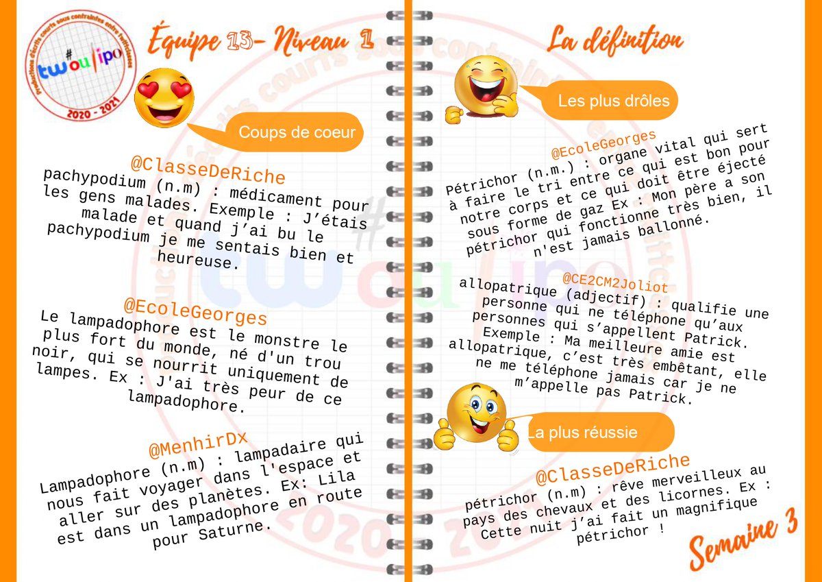 Voici les résultats pour l'#EQ13 #Twoulipo. De bien belles définitions et donc quelques égalités. Félicitations à tous et toutes. <a href="/CE2CM_IDN/">Agostini Estelle</a> <a href="/ecole_lesAbrits/">ecole des abrits</a> <a href="/ClasseDeRiche/">Classe de Riche</a> <a href="/EcoleGeorges/">École primaire publique Georges Wallers</a> <a href="/MenhirDu/">Classe du Menhir</a> @CE2CM2Joliot <a href="/ce2cmlameauffe/">CE2CM1CM2lameauffe</a>