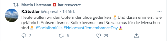 BlogMihalyi's tweet photo. Besonders geschmackloser CH-#Antisemitismus am gestrigen #HolocaustGedenktag. #Libertarians am rechten Rand missbrauchen 6 Mio. #Shoa-Opfer für politische #Geschichtsfälschung. #NeverForget #Holocaust #Keinfussbreit #Antifa https://t.co/rgoSf5Lkvn