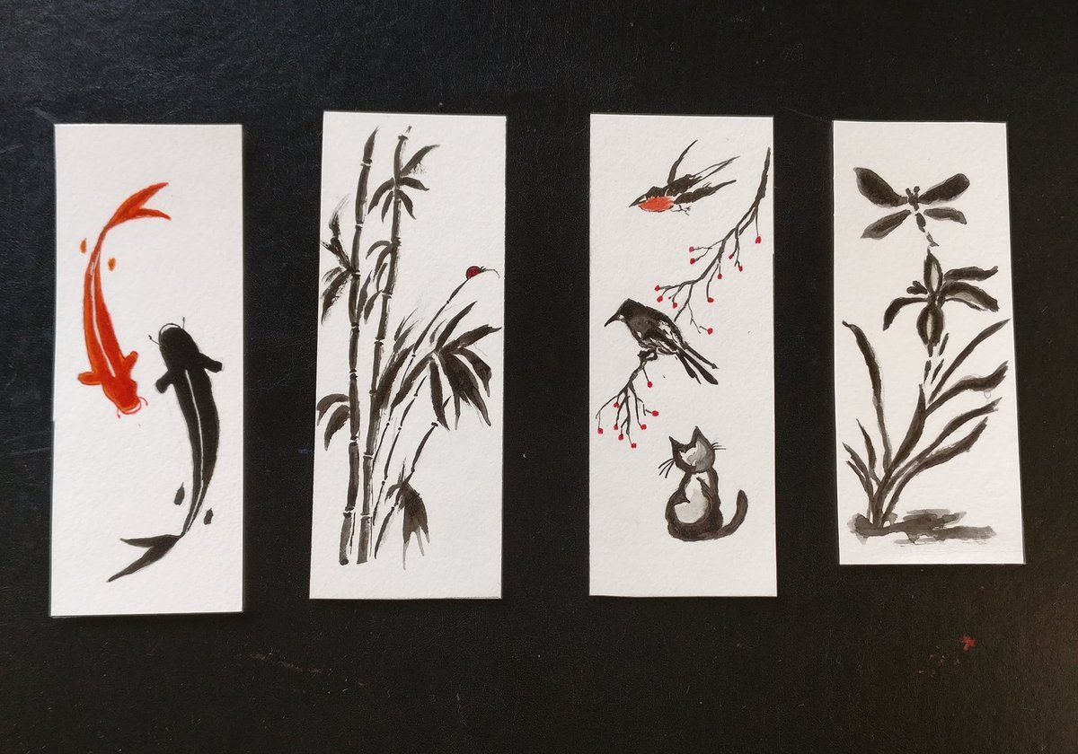 A set of Sumi e inspired Handpainted Watercolor Bookmarks are available now. DM to order. RT for visibility and good karma. #booklovers #booktwitter #ArtTwitter #Bookmarks #forsale #buygetgift #artistsontwitter #artistsoftwitter #buynow #supportartists #ArtSale #sumie https://t.co/Lpcy29LiNC