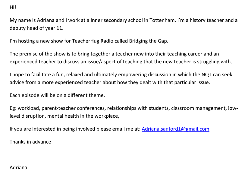 Want to be involved in a new #TeacherHugRadio show Bridging the Gap? Get in touch with me!