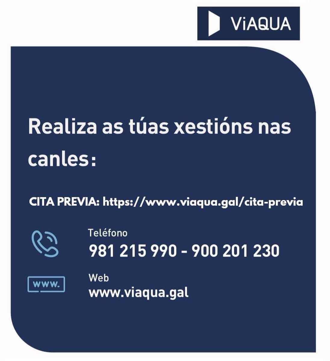 Dende Viaqua, concesionaria do servizo de aguas en Valdoviño, lémbrase que para realizar xestións presenciais débese solicitar CITA PREVIA na web viaqua.gal/cita-previa ou chamando ao 981 215 990 ou 900 201 230.

No teléfono e na web tamén pódense realizar xestións a distancia.