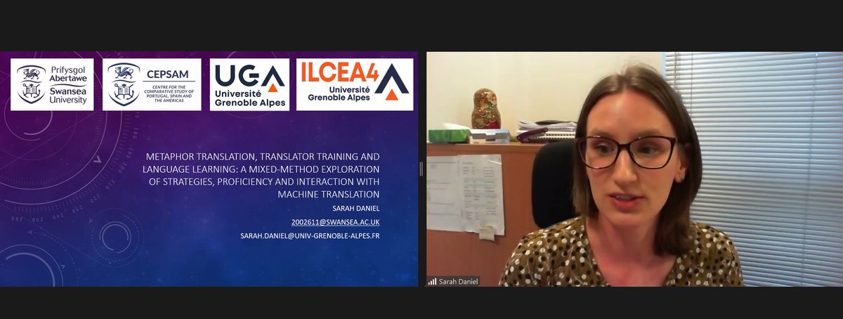 SwanseaUni_LTI's tweet photo. Our Sarah Daniel @TransMetProject from @SwanseaUni & GrenobleAlpes @UGrenobleAlpes on “#TransMet: Metaphor translation, translator training and language learning: a mixed-method exploration of strategies, proficiency, and interaction with MT” #CEPSAMConf @COAHPGR @STINGSwansea https://t.co/REcKynNBtK