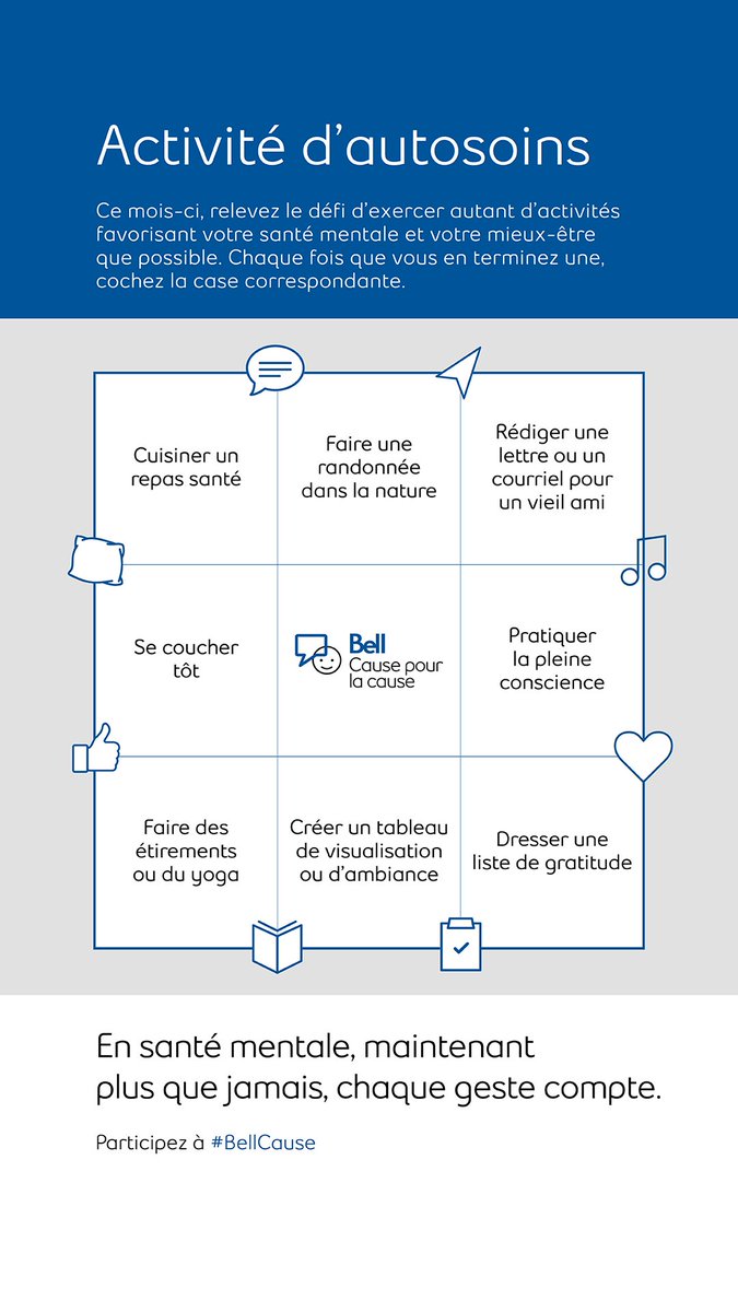 C'est la Journée #BellCause pour la cause! Commençons la journée avec un tableau de choix plein d'activités d'autosoins - encouragez vos élèves de choisir une activité pour renforcer leur esprit et leur #SantéMentale aujourd'hui!
