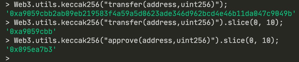 14/ Binary function signatures are 4-bytes keccak256() hash of the  @solidity_lang signature string. Here is an example: