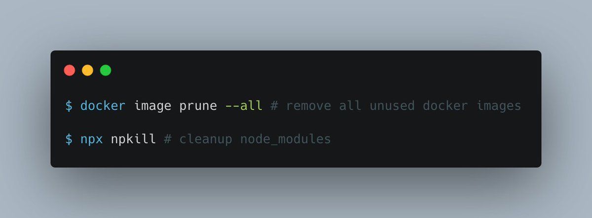 🔥 Developer machine cleanup -> I often have so many unused docker images and abandoned projects with huge node_modules folders laying around so that I regularly us github.com/voidcosmos/npk… and docker prune to get disc space back #NodeJS #docker