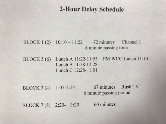 RushvilleHigh's tweet photo. RCHS 1/28 2-Hour Delay &amp; eLearning

Today students L-Z are in-class at RCHS &amp; WCC. AM WCC students should report to school/Block 6 by 11:15. WCC students should report to the learning commons for any non-assigned blocks. 
 
As a reminder, this is an eLearning Black Day for A-K. https://t.co/nsqsP850ci