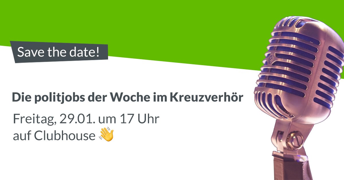 Wir stellen neue #Jobs aus dem Politikbetrieb vor und interviewen dazu Vertreter:innen der jeweiligen Organisationen. Diesmal mit: <a href="/CosmonautsKings/">Cosmonauts & Kings</a>, <a href="/MillerMeier/">Miller & Meier Consulting</a> und <a href="/apcoworldwide/">APCO</a> .
Das Event findest Du unter Diesem Link 👇 joinclubhouse.com/event/0xjkodJM