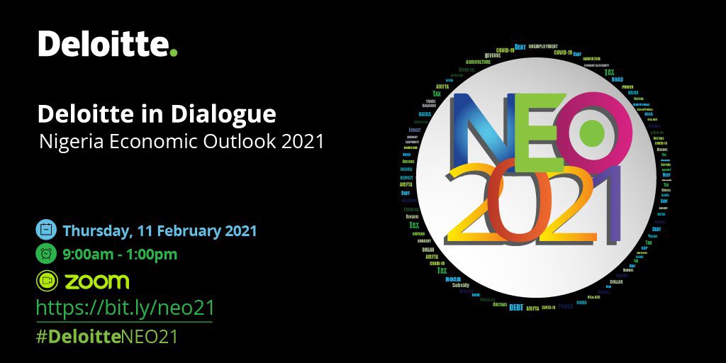YomiOlugbenro's tweet photo. Deloitte’s Nigeria Economic Outlook 2021 is scheduled for Thursday, 11 February 2021. Be sure to register and attend. #DeloitteNEO21 https://t.co/W6oesvnTZC