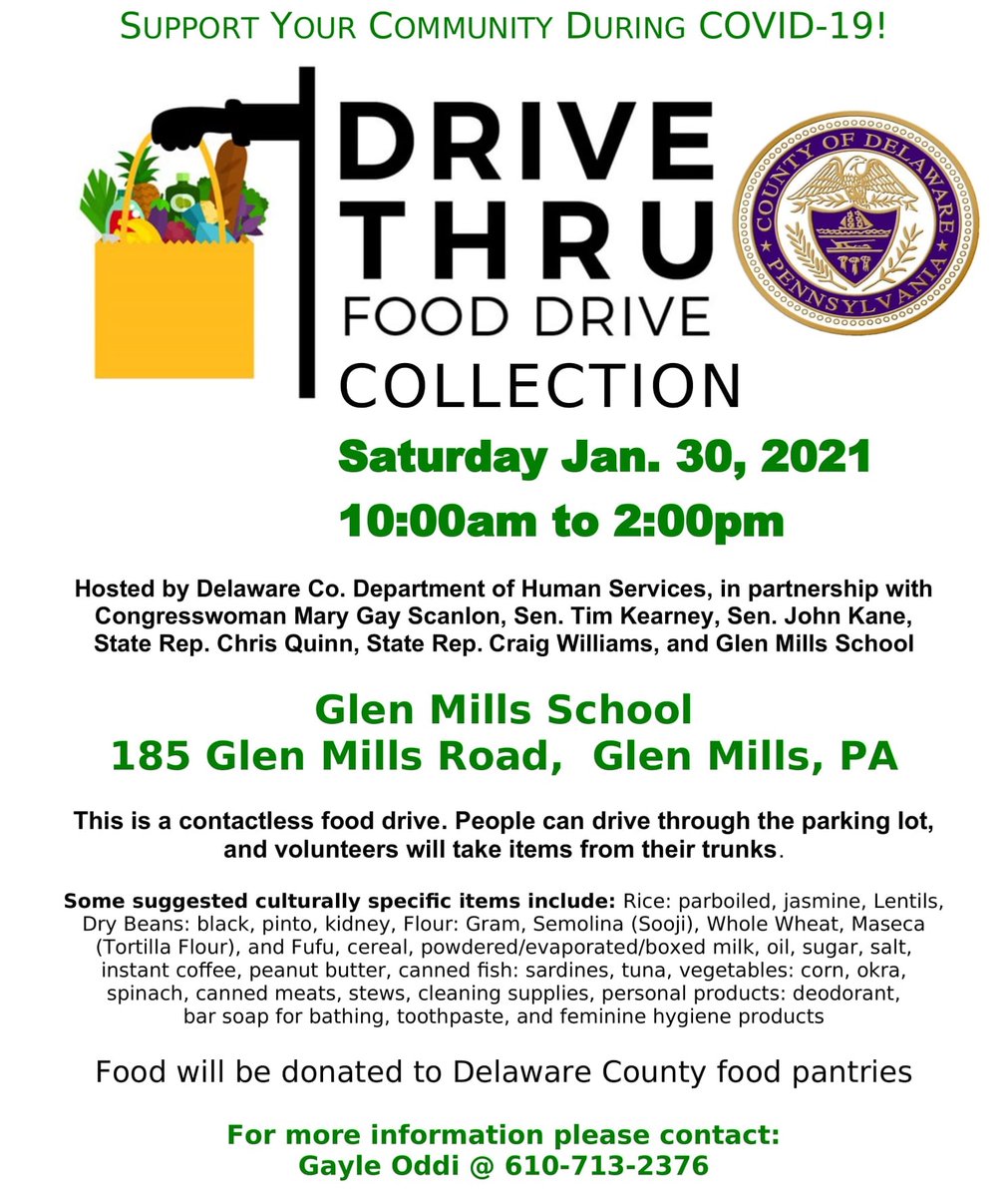 There will be a drive thru food collection on Saturday, January 30, 2021 from 10AM to 2PM at Glen Mills School. Food will be donated to Delaware County food pantries. For more information, contact Gayle Oddi at 610-713-2376.