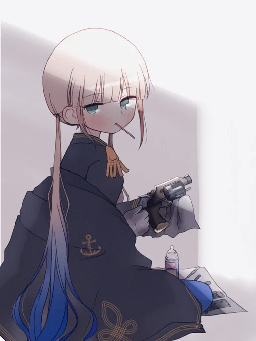 銃のお手入れ中のキャプテンくんと目が合ったイラスト 