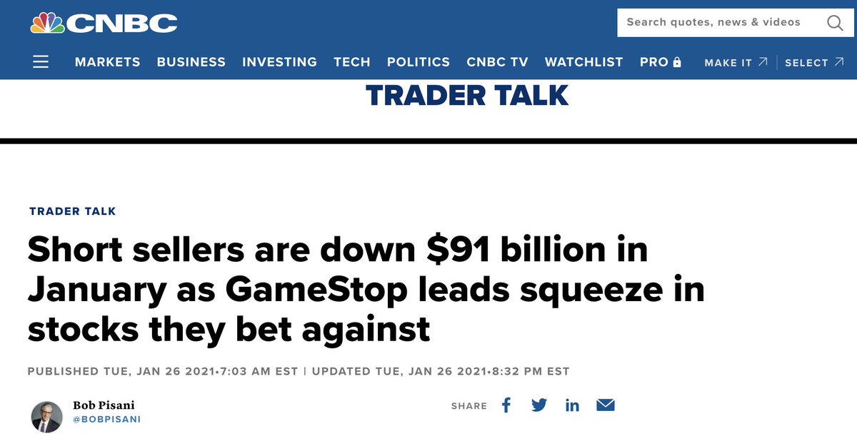 Au mois de janvier, les vendeurs à découvert ont perdu 91 milliards de dollars et l'affaire  #GameStop a joué un grand rôle https://www.cnbc.com/2021/01/26/short-sellers-are-down-91-billion-in-january-as-gamestop-leads-squeeze-in-stocks-they-bet-against.html