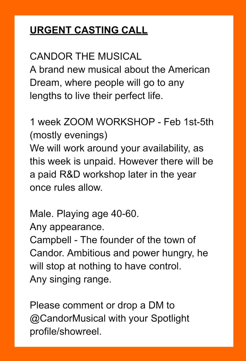**CASTING CALL** Follow <a href="/CandorMusical/">Candor The Musical</a> and check out the details below. #castingcall <a href="/DramaGroups/">Drama Groups</a> <a href="/open_drama_uk/">Open Drama UK</a> <a href="/SupportBritish/">U.K. Actors Support Network</a> <a href="/West_End_Frame/">West End Frame</a>